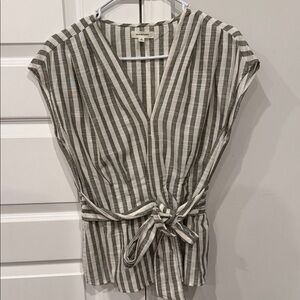 Max Studio Striped V-Neck Tie-Waist Top - Olive & White Size Small
